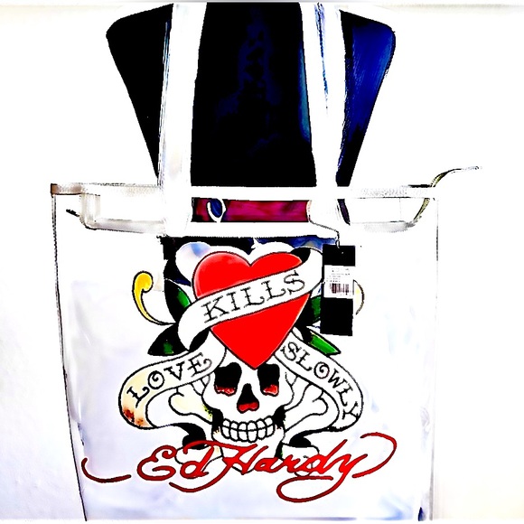NWT Ed Hardy BIG clear stadium bag PVC Zip tote Leather Trim ~ Love Kills Slowly - Picture 16 of 16